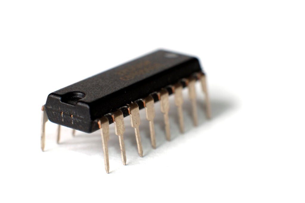 Close-up of an electronic chip in a through-hole DIP package