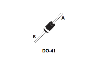 The 1N5819 diode pinout, with the cathode band clearly marked.