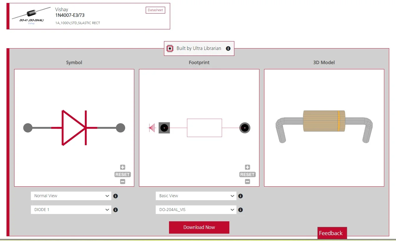 Vishay’s 1N4007 schematic footprint and 3D CAD model found on Ultra Librarian
