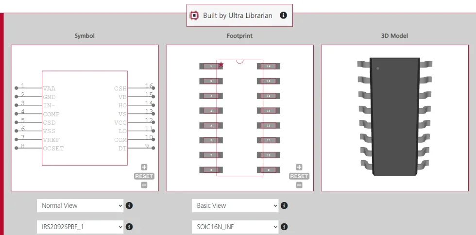 Infineon IRS2092S Class D driver symbol, footprint, and 3D model