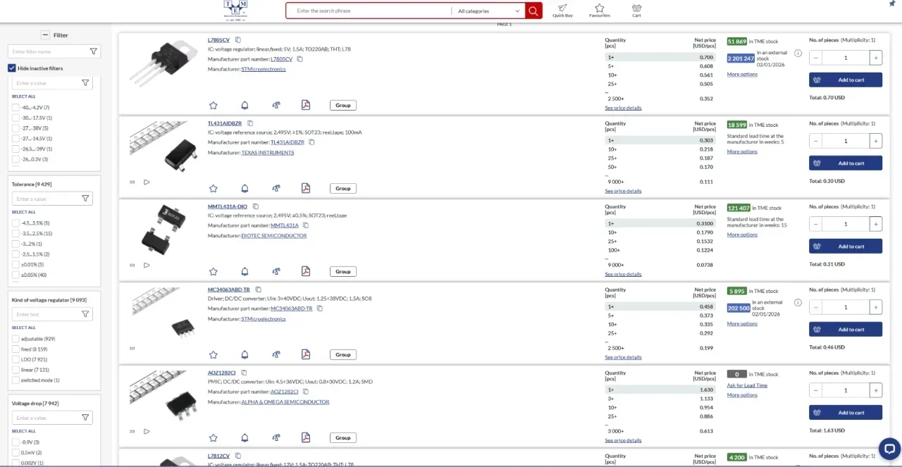 TME’s search interface with the parametric filters on the left to search for WiFi/Bluetooth antennas.
