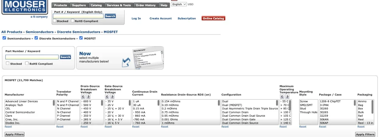 Mouser’s parametric search interface