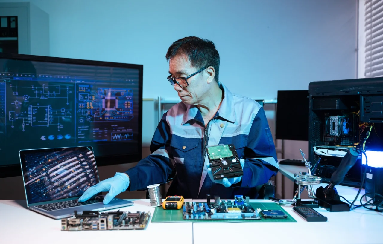 Engineer performing a PCB design review to verify routing, component placement, and manufacturability.
